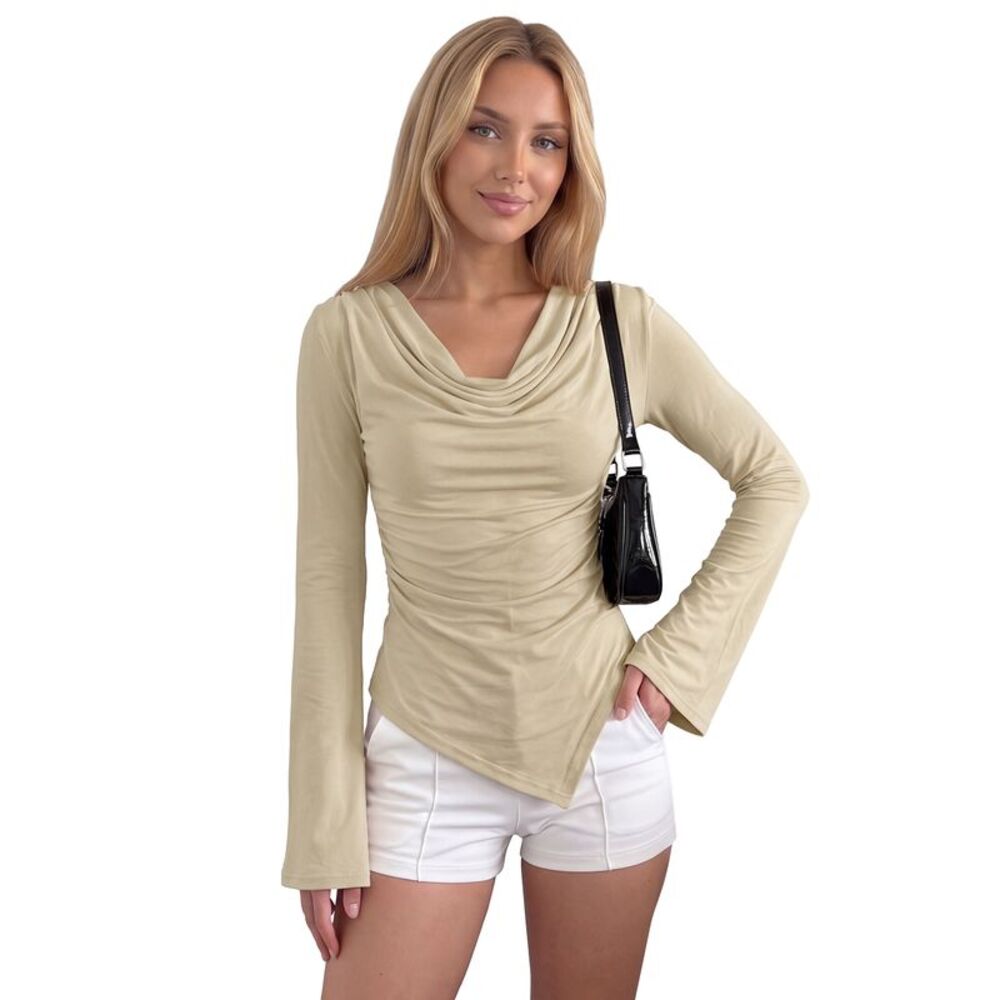 Women's Cowl Neck Long Sleeve Fitted Spring Y2K Asymmetrical Knit Top Khaki